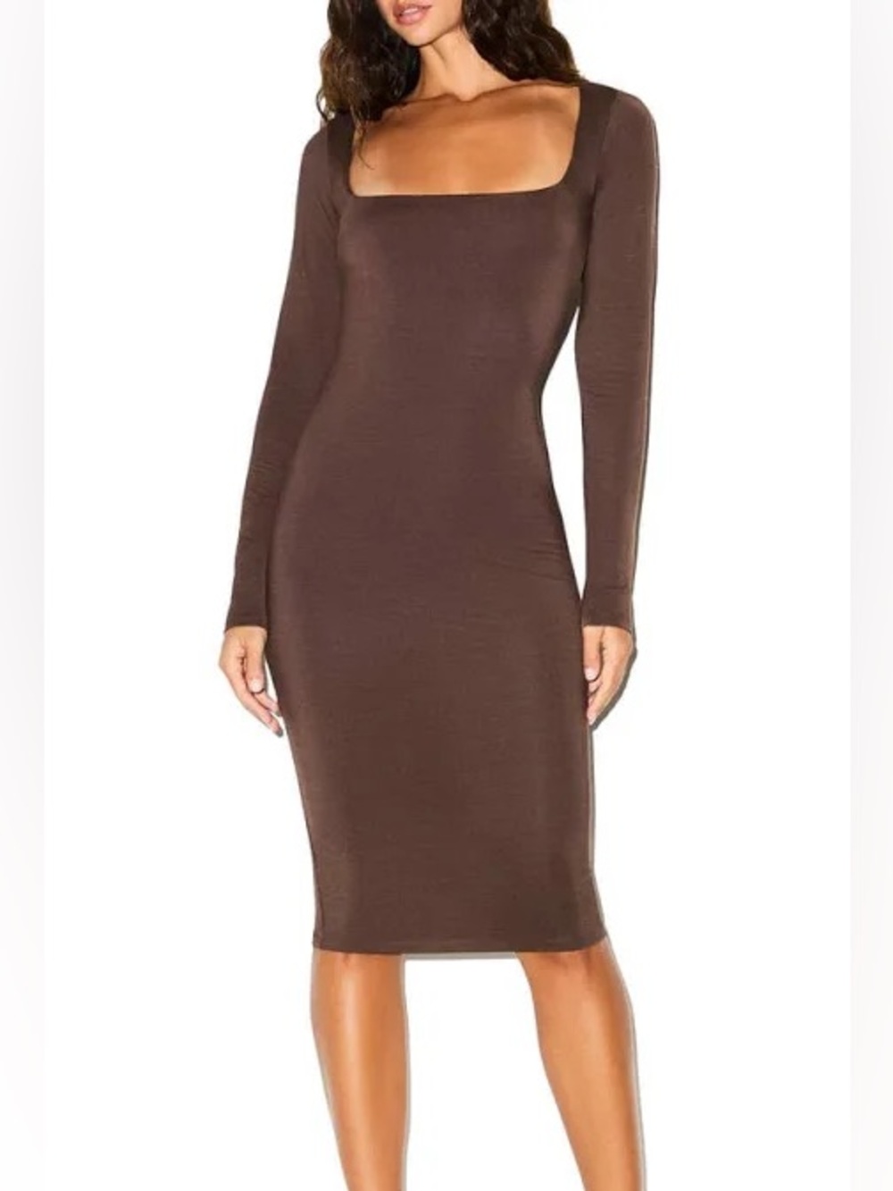 Skims  smooth layers square neck long sleeve midi dress color espresso